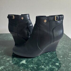 TORY BURCH Black Leather Wedge Ankle Boots Size 9